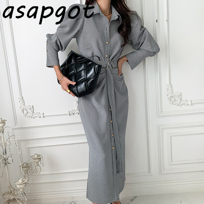 Chic Korean Temperament Office Lady Puff Long Sleeve Lapel Single Breasted Plaid Dress Women with Belt Pleated Retro Autumn 210429
