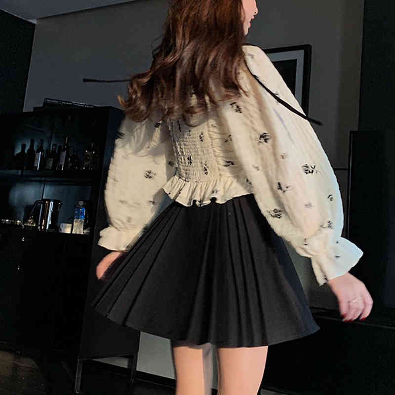 Vintage Floral Blouse Women Casual Square Collar Chiffon Korean Style Slim Tops Puff Sleeve Elegant Shirt Spring Kawaii 210521