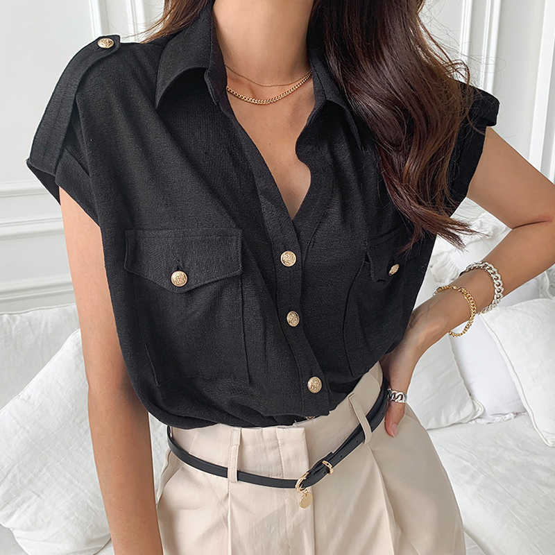 Korejpaa Women T-Shirt Summer Girls French Temperament Lapel Chic Single-Breasted Loose Casual Pocket Short-Sleeved Sweater 210526