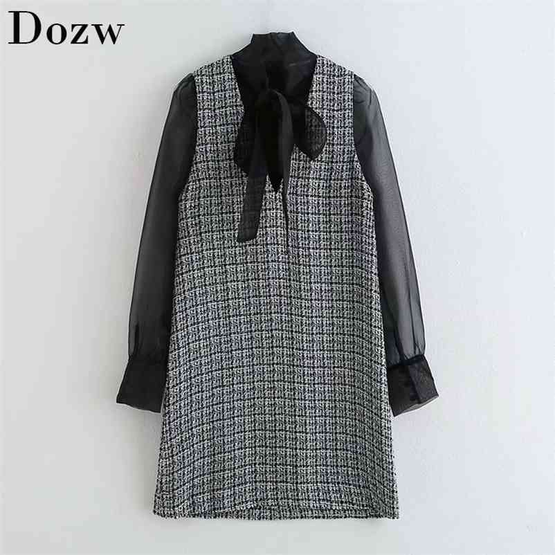 Vintage Women Bow Tie Collar Patchwork Mini Dress Elegant Ladies See Through Sleeve Clothes Loose Female Tank 210515