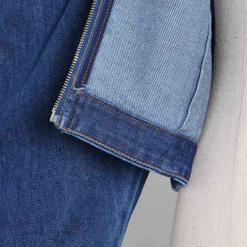 VGH Casual Denim Short Shirt For Women Stand Collar Puff Sleeve Solid Minimalist Blouse Female Fall Fashion New Clothing 210421