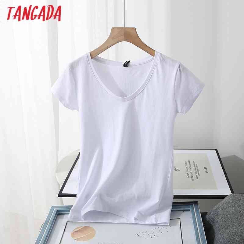 Women Summer V Neck Cotton T Short Sleeve Tees Ladies Casual Tee Shirt Street Wear Top 6D02 210416