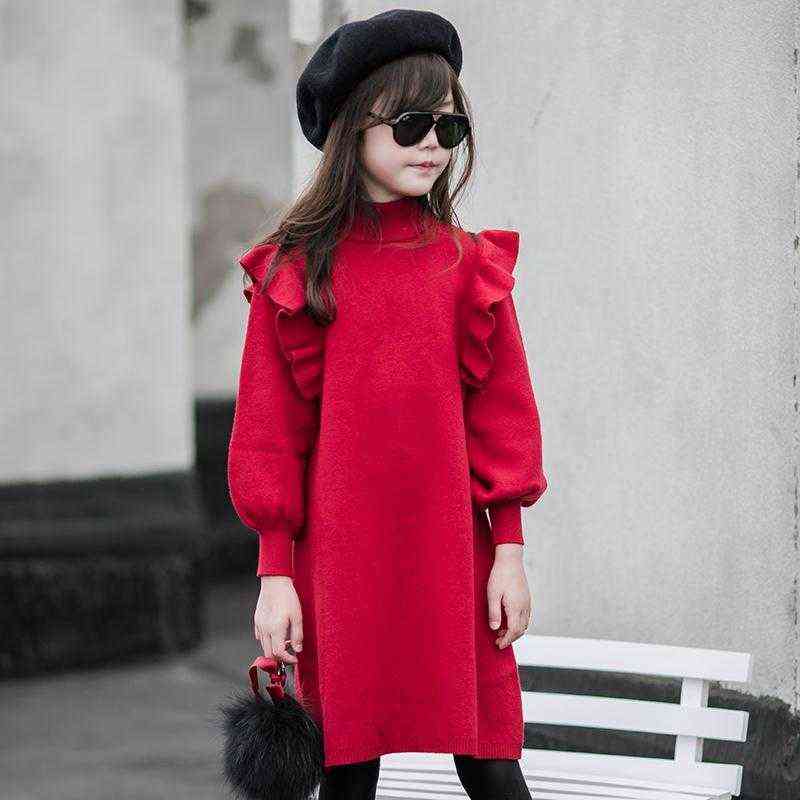 Children Kids Girls Clothes Red Spring Knitted Ruffles Teen Girl's Long Sleeve Sweater Dresses 4 5 6 7 8 9 10 11 12 13 14 Years 211103