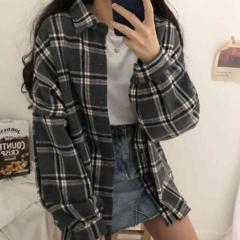 Flectit Flannel Oversized Shirt Long Sleeve Collared Boyfriend Plaid Blouse Fall Winter Women's Blouses & Shirts * 210402
