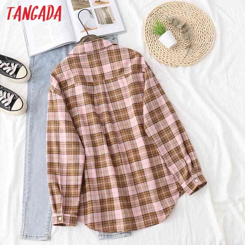 Women Retro Oversized Plaid Print Blouse Long Sleeve Chic Female Casual Loose Shirt Tops XQ04 210416