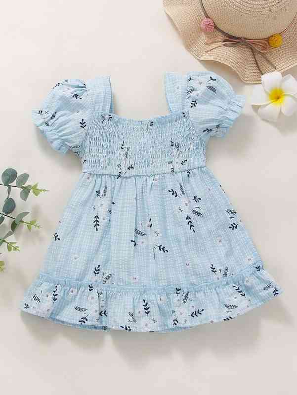 Baby Floral Print Textured Shirred Puff Sleeve Ruffle Hem Dress SHE
