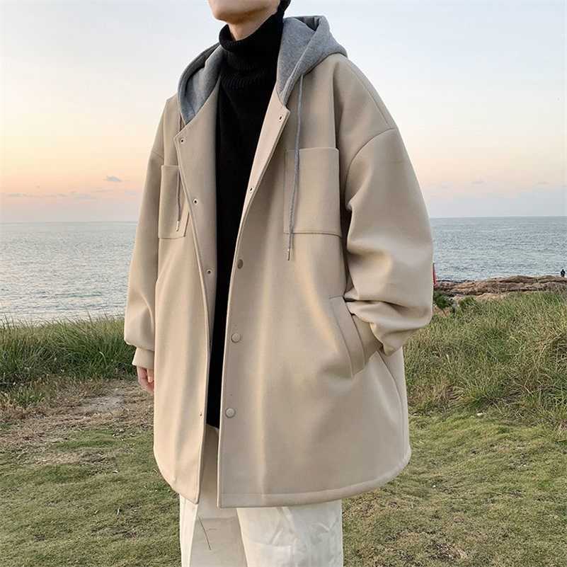 Hooded woolen coat men winter clothe thick loose casual jacket Hong Kong style Preppy handsome unisex mid-length windbreaker 211122