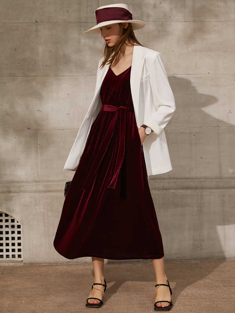 Minimalism Spring Summer Women's Dress Causal Simple Solid Vneck Loose Velvet Calf-length Party Women 12180008 210527