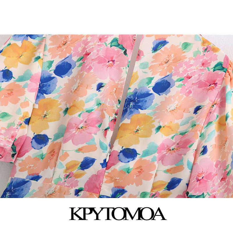 Women Fashion With Knot Floral Print Ruffled Mini Dress Short Sleeve Back Zipper Female Dresses Vestidos 210420