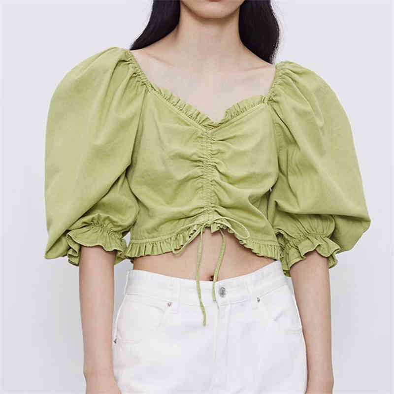 Elegant Women Square Collar Shirts Fashion Ladies Ruffles Drawstring Short Tops Sweet Female Chic Puff Sleeve Blouses 210430