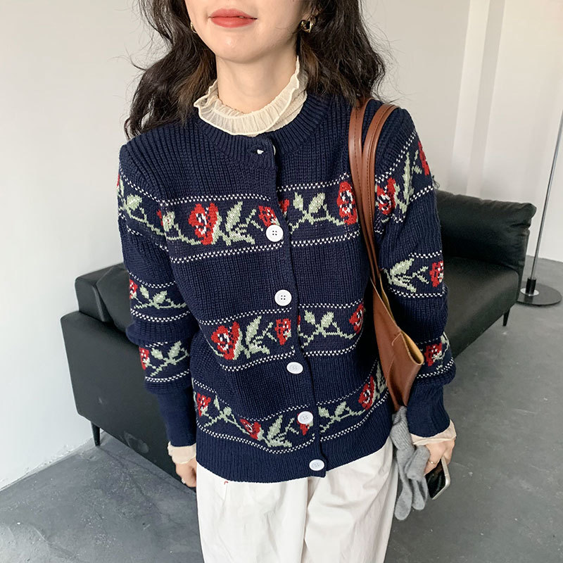 Spring Autumn OL Outwear Tops Rose Vintage Jacquard Sweater Coat Women Elegant Knitted Cardigan Sweaters Female 210421