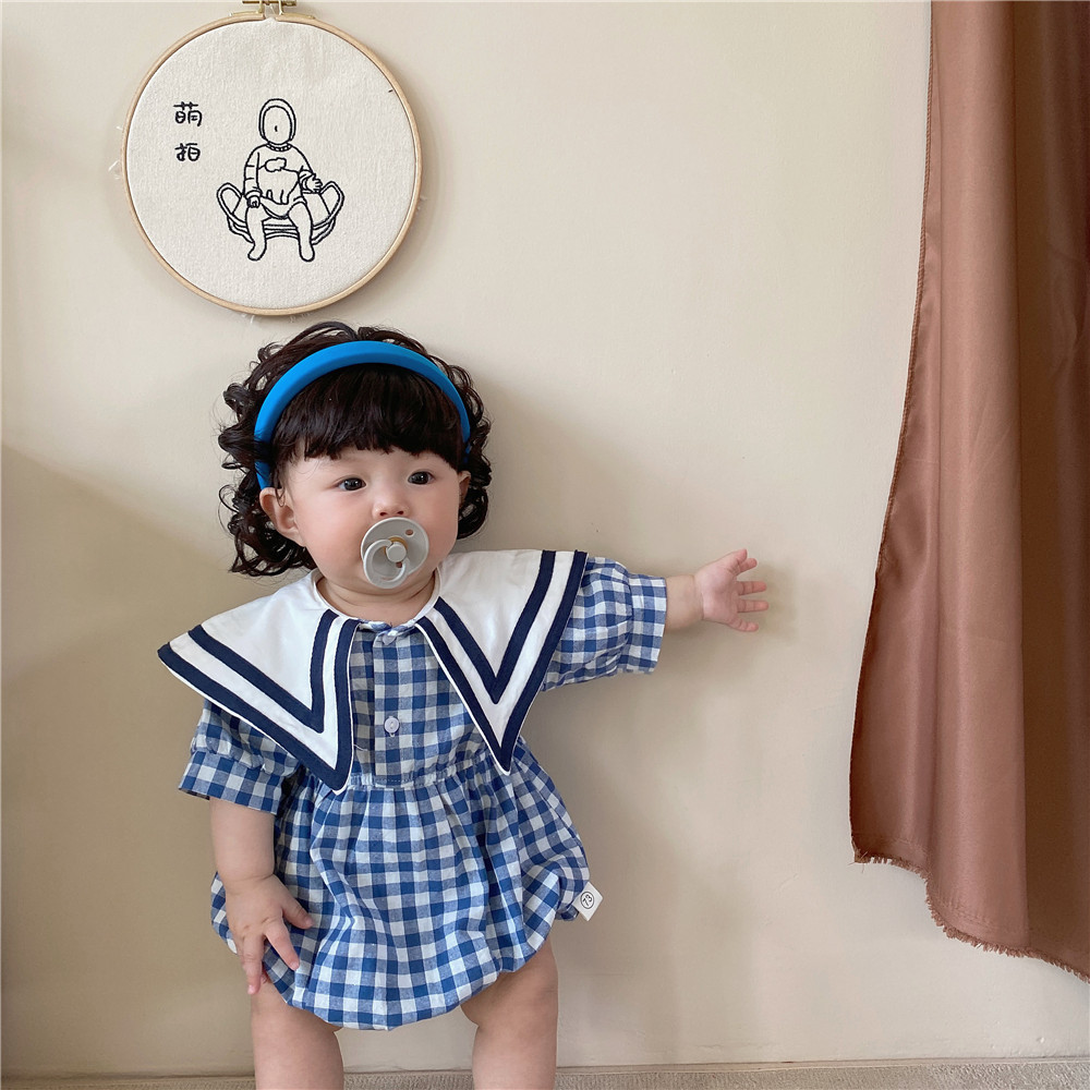 Summer baby girls Bodysuit with large collar and short sleeves cloths plaid girl outfit 210515