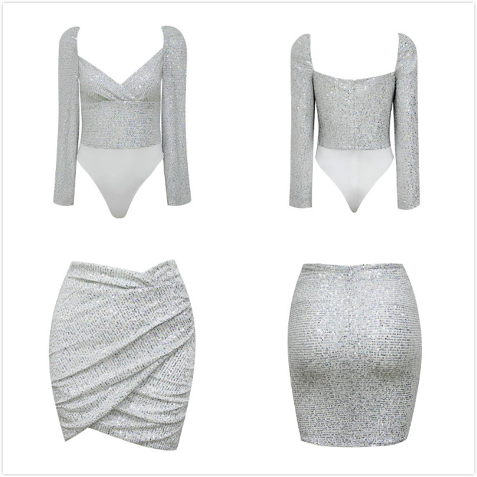 Free Women's Silver Sequined Skirt Set Sexy V-neck Lantern Sleeve Top & Draped Mini Two-piece 210524