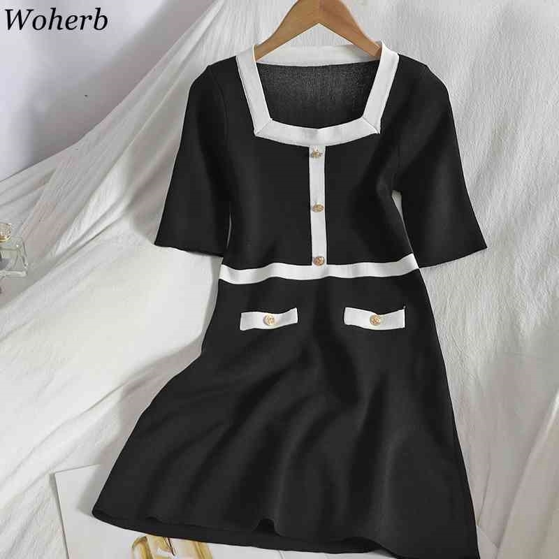Knitted Dress for Women Fashion Buttoned Contrast Color Square Collar Vestidos Short Sleeve Elegant Bodycon Dresses 4j618 210519