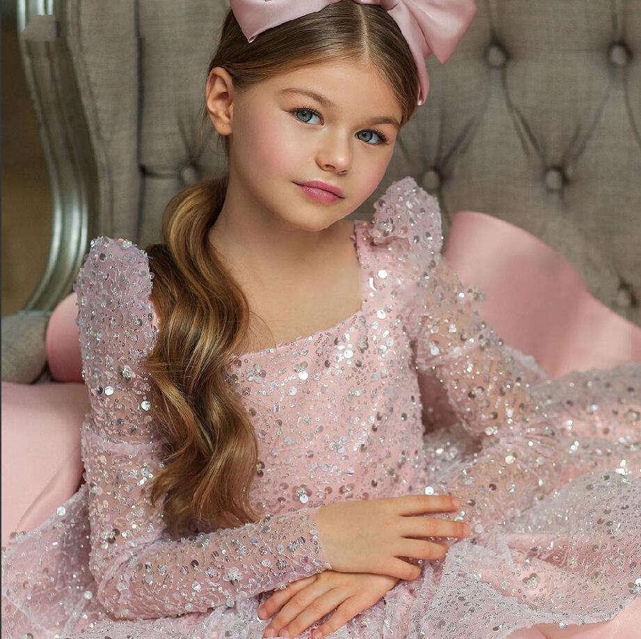New shiny tulle flower girl dress long sleeve prom party pageant birthday gown