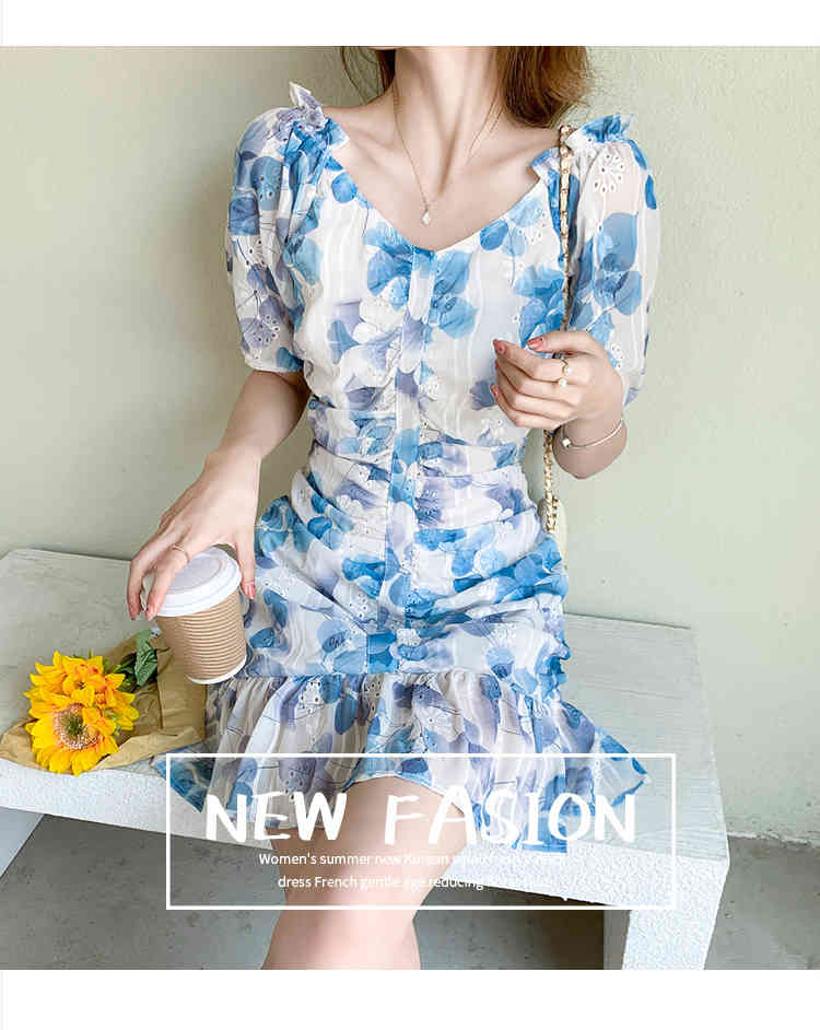 Elegant Short Dress Women Summer Flower Print Sexy V-Neck Puff Sleeve Beach Casual Ruffles Mermaid Mini Female Vestidos 210519