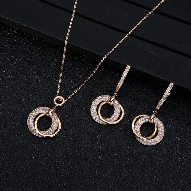 Earrings & Necklace Trendy Round Pendant Wedding For Women Full Cubic Zirconia Bridal Jewelry Sets Pendientes Mujer Moda D1386, As pic