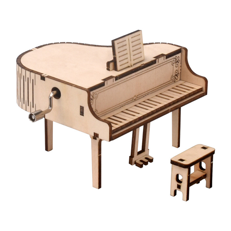 1Pcs Kids Gift Nature Color Multi-function Hand Cranked for Desktop Decor DIY Puzzle Toy Piano Shape Basswood Music Box
