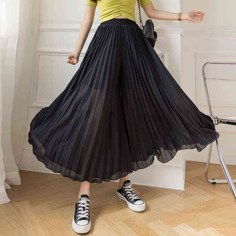 korea Loose Pleated Chiffon Pants Summer Elastic High Waist Thin Wide Leg Female Casual Cropped trousers Pantalon 211115