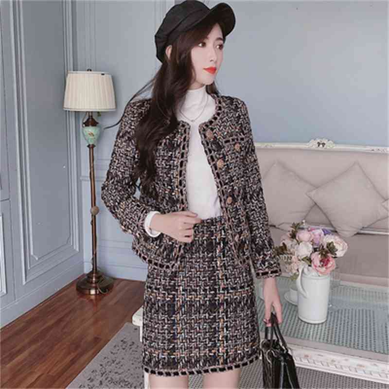Vintage Elegant Tweed Two Piece Sets Outfits Women Single-breasted Coat + Mini Skirt Suits Autumn Korean Ladies Sets Outfit 210515