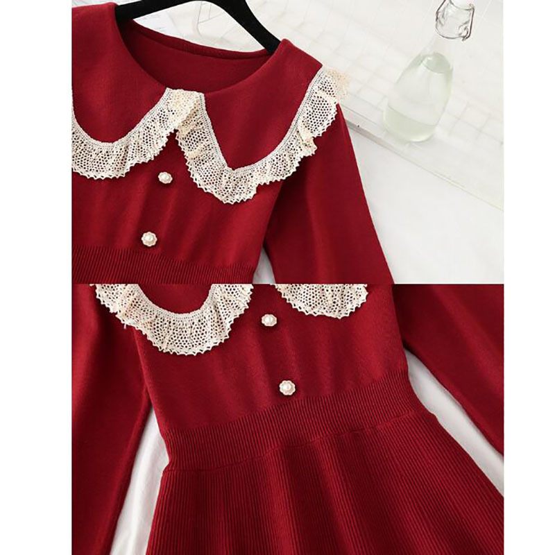 Elegant Women Red Knitted Dress Spring Autumn Doll collar Solid Long Sleeve Sweater Vestidos Office Lady Midi Dress 210521