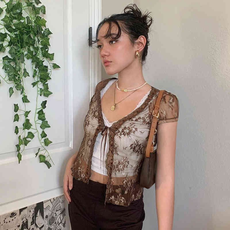 Rockmore Brown Mesh Transparent Tshirt Women Lace Up Cardigan Tops Y2K Short Sleeve Tees Shirts Streetwear Summer Sexy T-shirt 210406