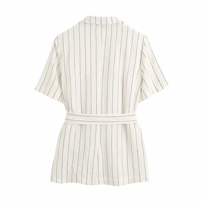 women casual striped long blazer with blet female summer fashion short sleeve single button jacket outwear blazers 210421