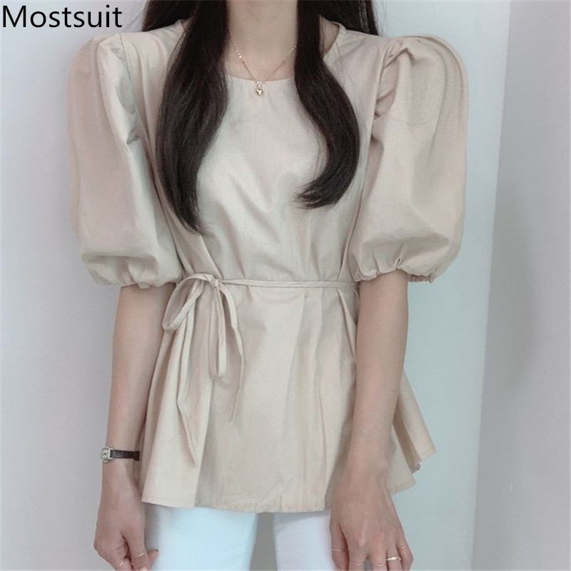 Summer Korean Fashion Women Blouses Tops Puff Sleeve O-neck Belted Shirts Solid Simple Sweet Ladies Blusas Mujer 210518, Khaki
Summer Korean Fashion Women Blouses Tops Puff Sleeve O-neck Belted Shirts Solid Simple Sweet Ladies Blusas Mujer 210518, Khaki