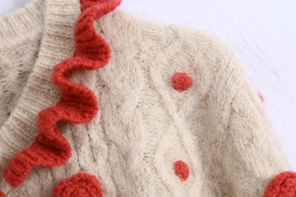 Vintage French 3D Crochet Flowers Knitted Cardigan Kawaii Wood ears Ruffle Christmas Sweater Coat Woman Long sleeve Short Jumper 210429