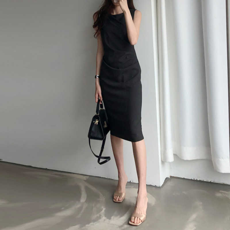 Elegant Women Office Dress Summer Sleeveless Bodycon Dresses Retro Women Midi Solid Black Long Robe Vestidos Mujer 210630