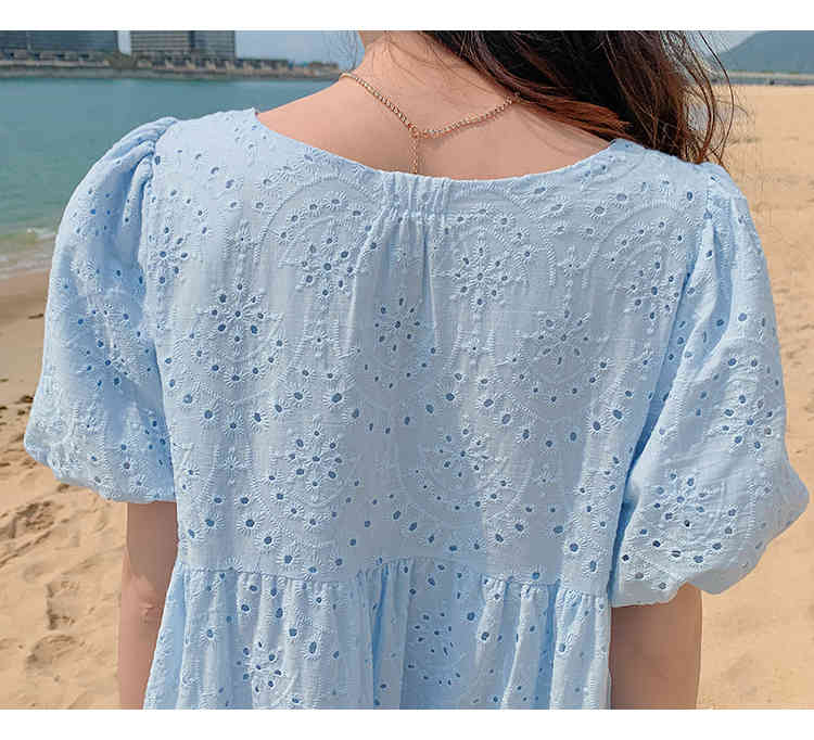 Fashion Ladies Hollow Out Embroidery Cotton Dress Summer Elegant Women Puff Sleeve Causal Boho Midi Party Robe 210519
