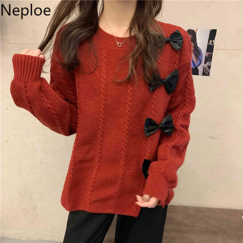 Neploe Korean Sweet Knitwear Pullovers Chic Bow O-neck Long Sleeve Knitted Sweater Women Sueter Mujer Loose All-match Red Tops 210422