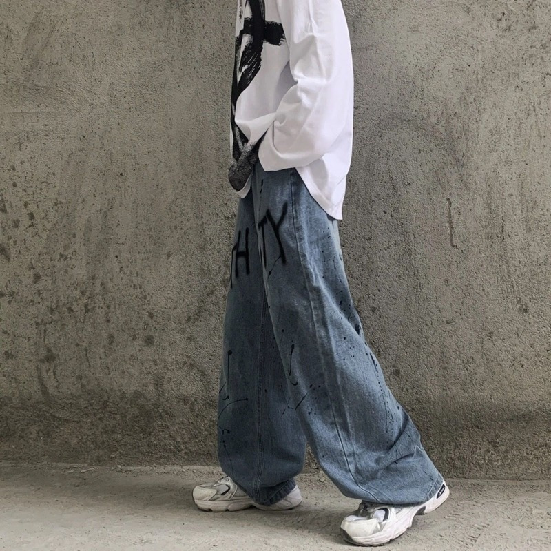 HOUZHOU Casual Women Loose Vintage Jeans Harajuku Baggy Denim Pants Funny Gothic Autumn Grunge Wide Leg Graffiti Print Pants 220312