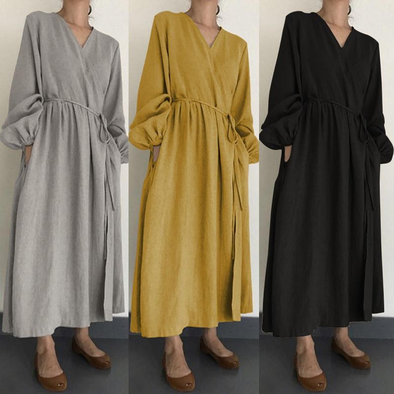 Women Dress Lantern Sleeve V-neck Bandage Plus Size Long Dresses Vintage Sexy Clothes 210513