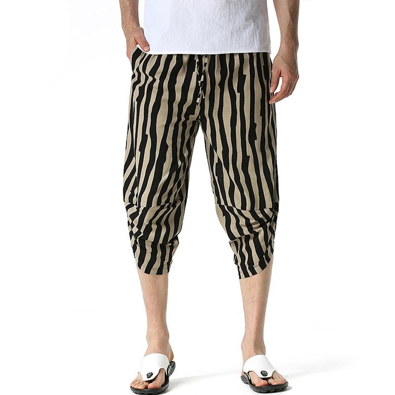 Striped Mens Trousers Linen Calf-Length Print Pants Men Hawaiian Baggy Harem Casual Breathable Harajuku Streetwear Men's