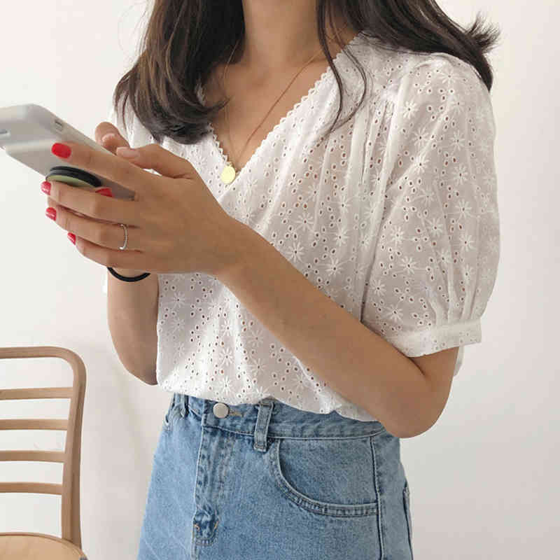 Pullover White Ladies Tops Clothing Summer Short Sleeve Hollow Out Blouse Office Lady V Neck Floral Women Shirt 9595 210415