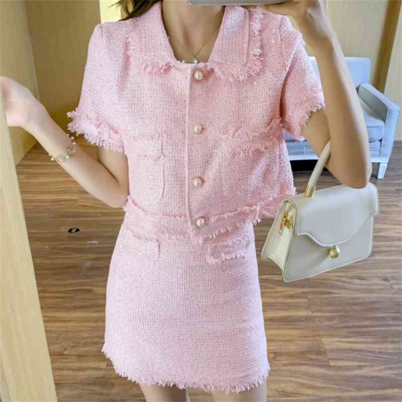 Korea Two Piece Set Women Elegant Fashion Tweed Peter Pan Collar Short Sleeve Crop Top + Mini Skirt Suit 210519