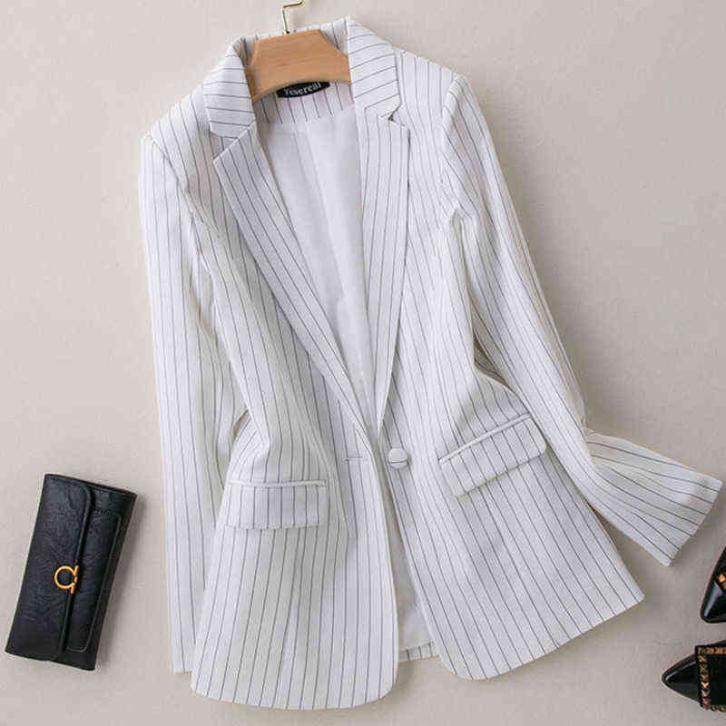 Fashion Striped Printed Blazer Women Spring Casual Long Sleeve Coat Korean Style Single Button Feminino Blue 211122