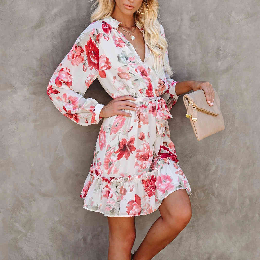 Women Dress Bandage Vintage Long Sleeve Printing Plus Size Sexy Flowers es Fashion 210513