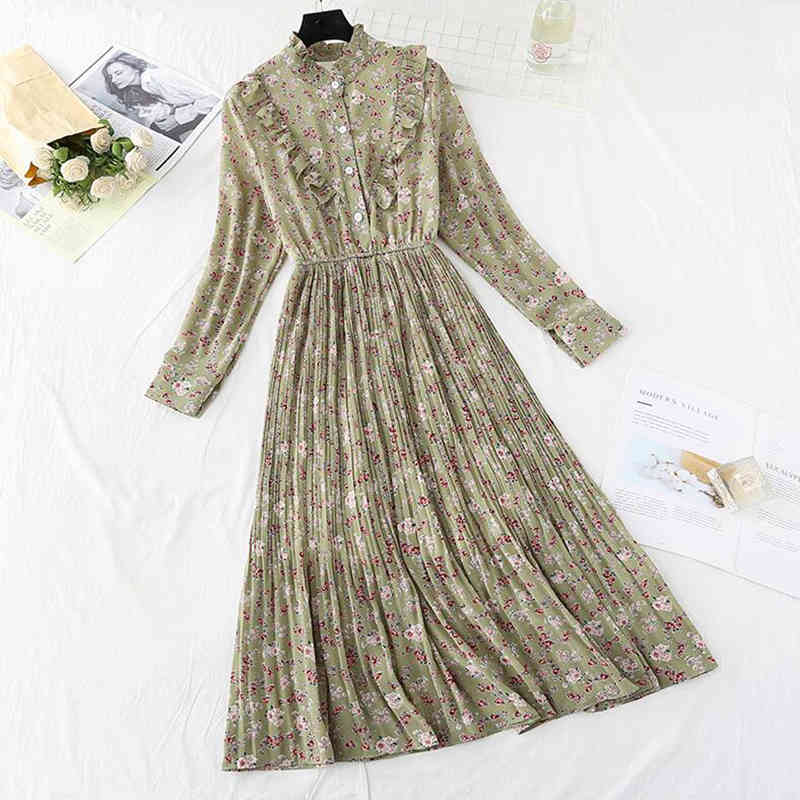Elegant Stand Collar Floral Print Midi Dress Women Vintage Long Sleeve Vestido Casual Chiffon Pleated Dress Ruffles Party Dress 210521