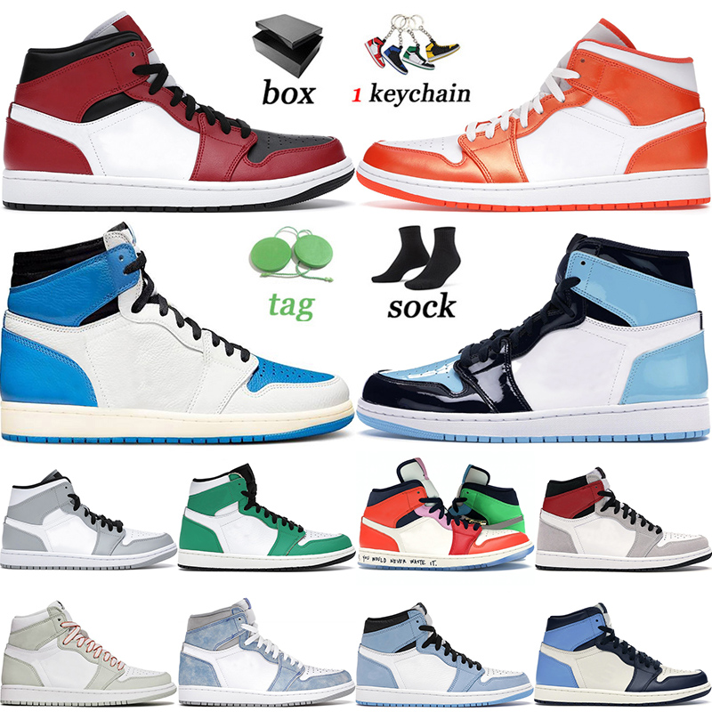 Top Quality 2021 With Box Jumpman Shoes 1 1s Mens High UNC Patent Obsidian Mid Chicago Toe Univeristy Blue Light Smoke Trainers Sneakers 36-46, Black