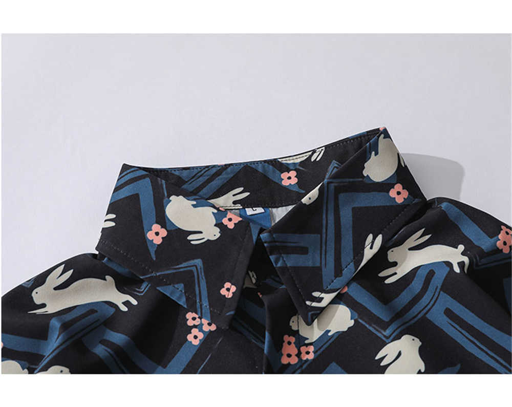 Mens Summer Vintage Rabbits Print Fashion Shirts Casual Short Sleeve Beach Tops Black Loose Casual Unique Charm Shirt Tops 210601