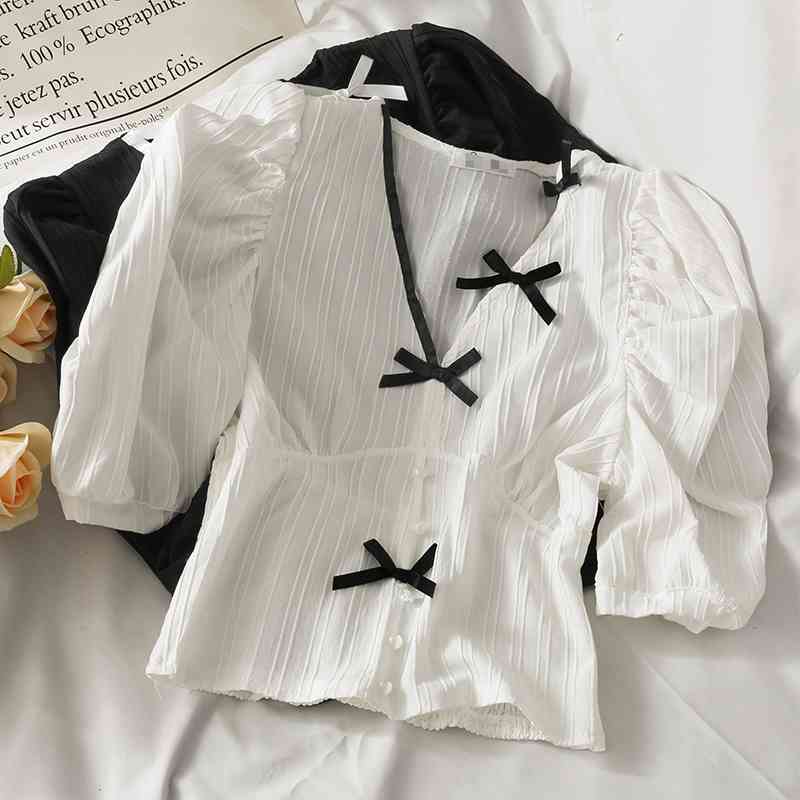 Kimutomo French Bow Blouse Women V-neck Short Sleeve Slim Waist Korean Fashion Summer All-matching Shirt Thin 210521