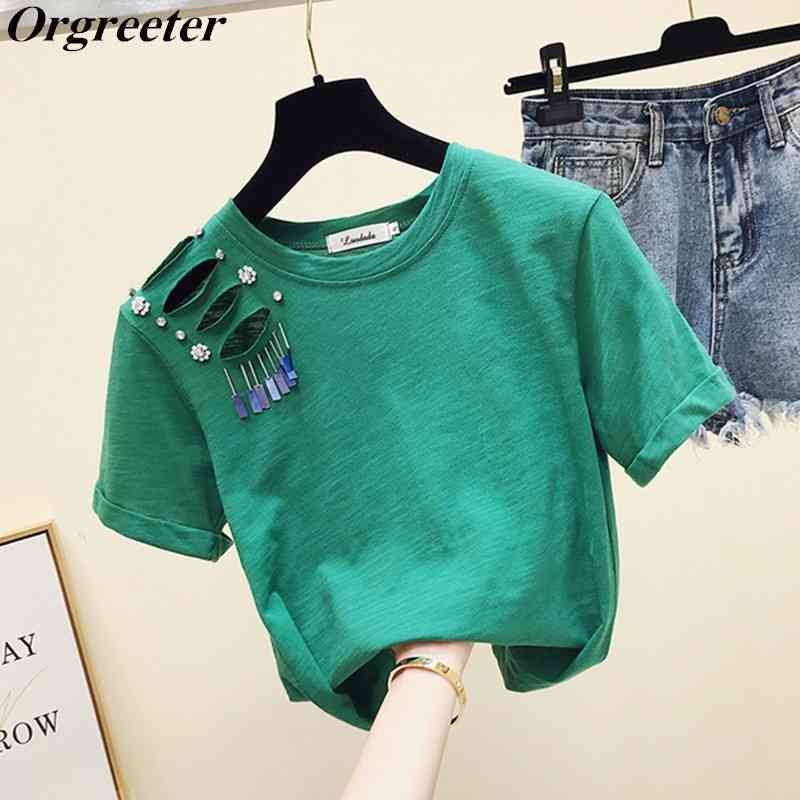 Summer loose short-sleeved T-shirt Women's INS Fashion Hollow Hole Diamond Beading Solid Casual Cotton Tshirt Tops 210525, Green
Summer loose short-sleeved T-shirt Women's INS Fashion Hollow Hole Diamond Beading Solid Casual Cotton Tshirt Tops 210525, Green