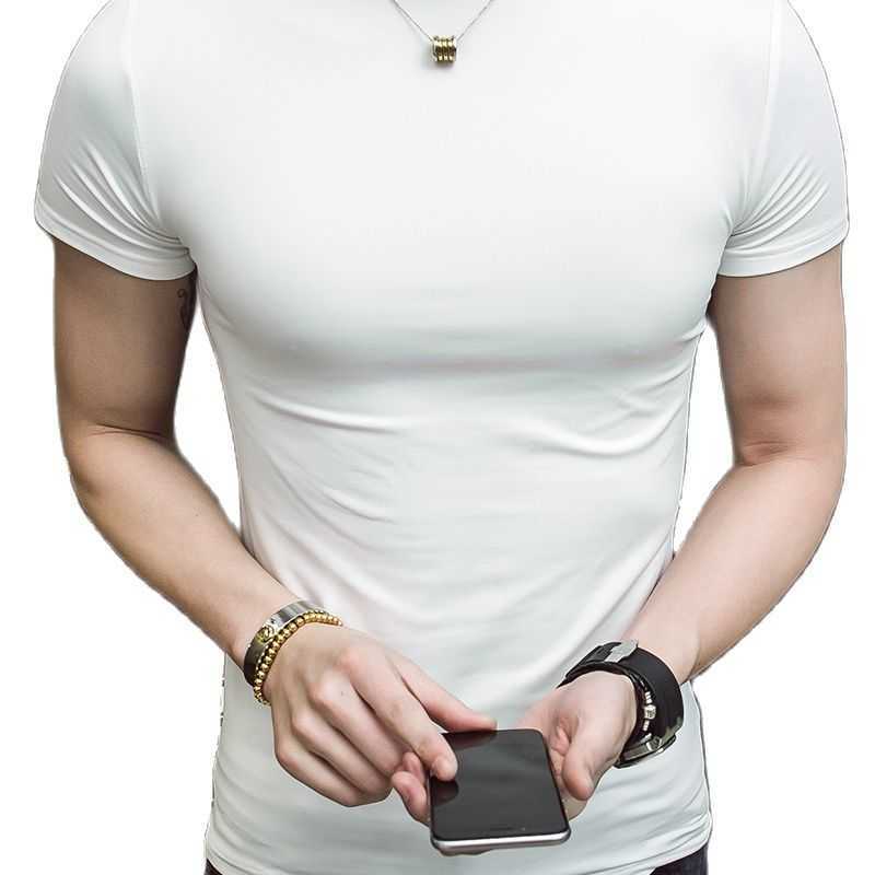 Summer Men Short Sleeve Turtleneck Slim Fit T-shirt Male Solid Black White Tees Shirts Lovers Tshirt 210629