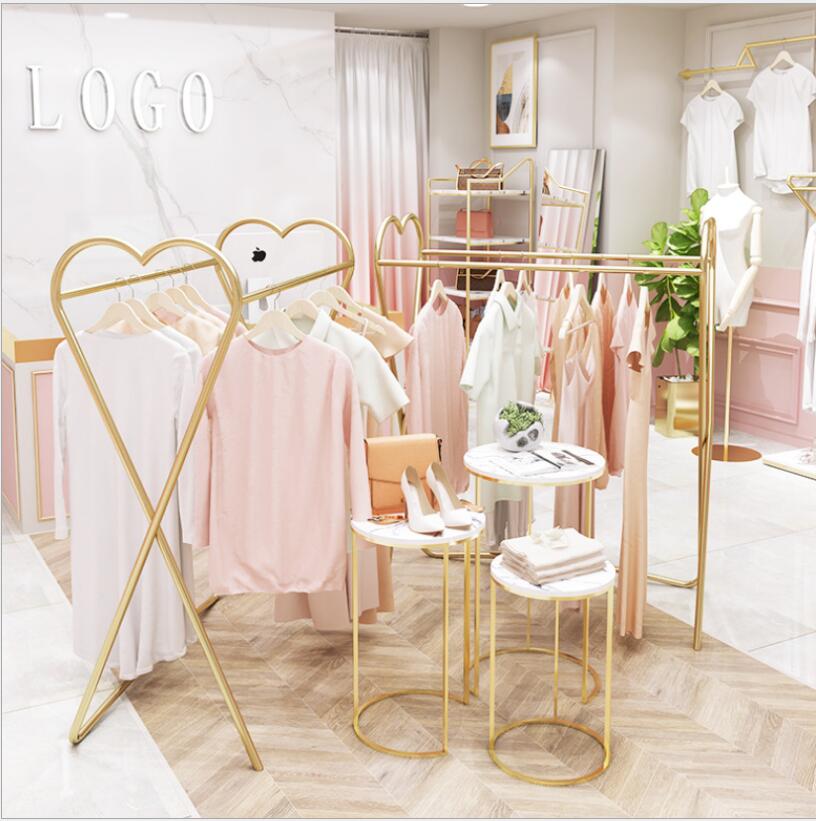 Clothing store double row middle island racks Commercial Furniture floor type window display rack children's clothes stores gold coat hanger