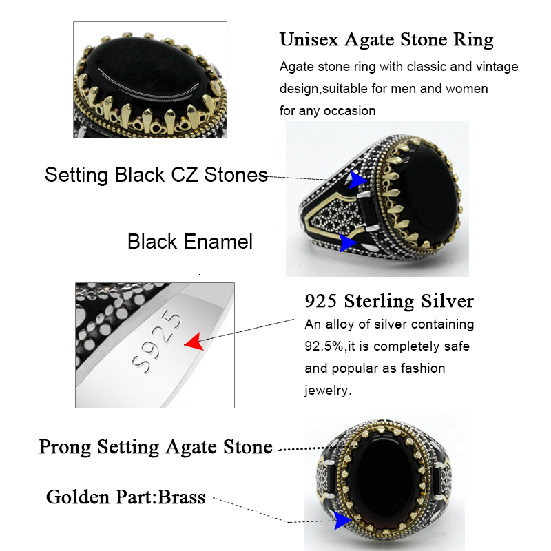 Natural Black Agate Stone for Men 925 Sterling Silver Golden Crown King Male Ring Vintage Turkish Handmade Jewelry Gift