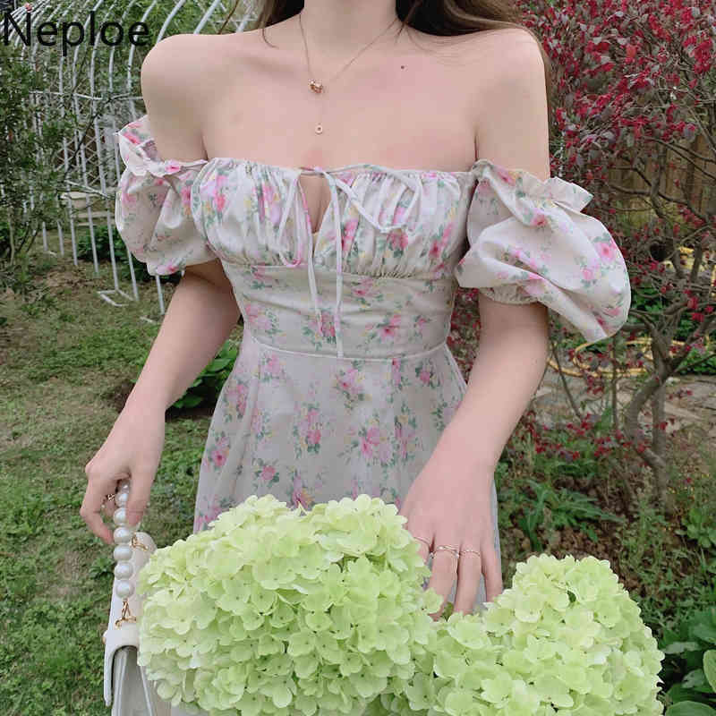 Neploe Vintage Floral Dress Women Summer Square Collar Puff Short Sleeve Maxi Dresses Sexy Off Shoulder Elegant Split Vestidos 210422