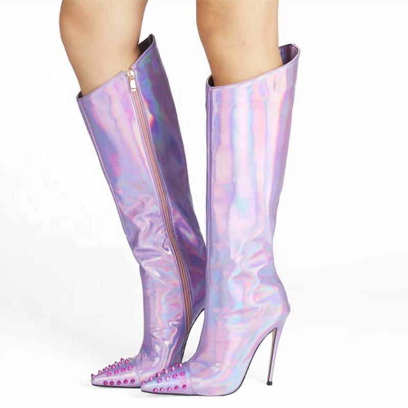 Boots Bright Patent Sexy High Heel Shoes Booty Side Zip Big Size 47 Rivet Ornament Pointy Toe Fashion Knee For Ladies