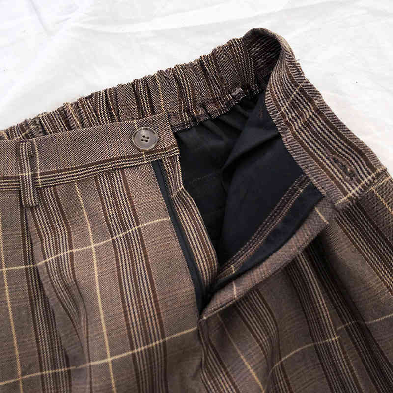 Casual Wide Leg Plaid Pants Women Elastic High Waist Full Length Checkered Loose Straight Trousers Modis 210519